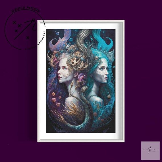 Mermaids Counted Cross Stitch Pattern, Full Cover X Stitch, Downloadable Cross Stitch Chart, Large X-Stitch Pattern, DMC, PDF
