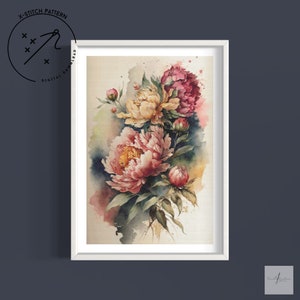 Watercolour Peonies Cross Stitch Pattern, Full Coverage X Stitch, Downloadable Cross Stitch Chart, DMC, PDF