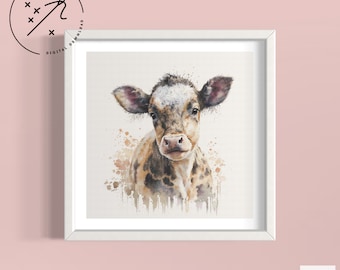 Watercolour Calf Counted Cross Stitch Pattern, Full Cover, Downloadable DMC Cross Stitch Chart, Cute X-Stitch PDF Pattern