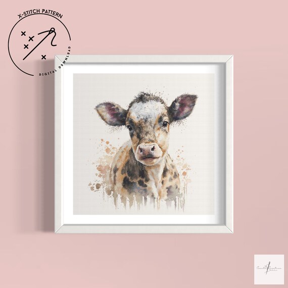 Watercolour Calf Counted Cross Stitch Pattern, Full Cover, Downloadable DMC Cross Stitch Chart, Cute X-Stitch PDF Pattern
