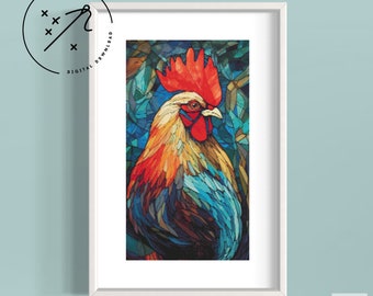 Stained Glass Rooster Cross Stitch Pattern, Full Cover X Stitch, Downloadable Cross Stitch Chart, PDF, DMC X-Stitch Pattern