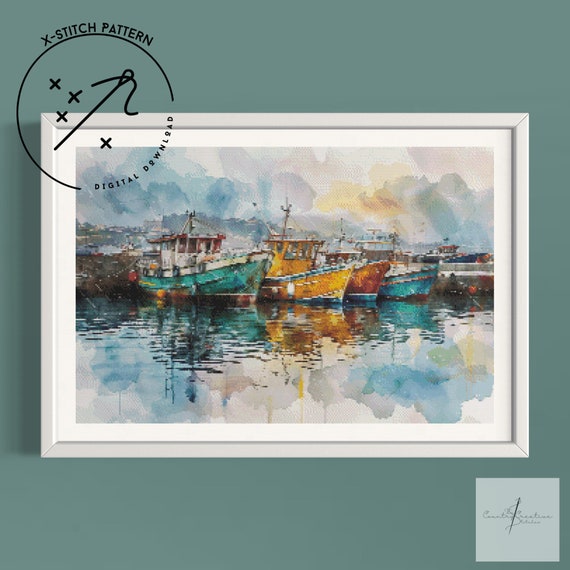 Harbour Counted Cross Stitch Pattern, Downloadable DMC Cross Stitch Chart, Landscape X-Stitch Pattern, PDF, DMC