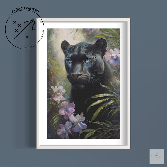Forest Panther Counted Cross Stitch Pattern, Downloadable DMC Cross Stitch Chart, Animal X-Stitch Pattern, PDF, DMC