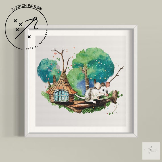 Tree Mouse Counted Cross Stitch Pattern, Kiddies X Stitch, Downloadable DMC Cross Stitch Chart, Cute X-Stitch Pattern