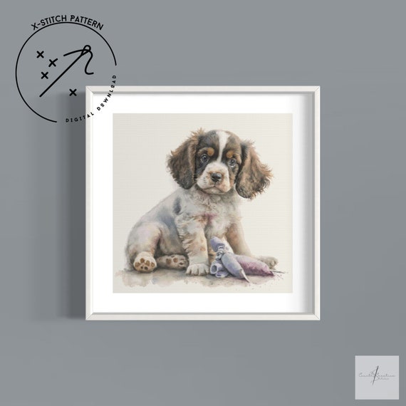 Spaniel Puppy Counted Cross Stitch Pattern, Watercolour Full Cover, Downloadable DMC Cross Stitch Chart, Cute X-Stitch PDF Pattern