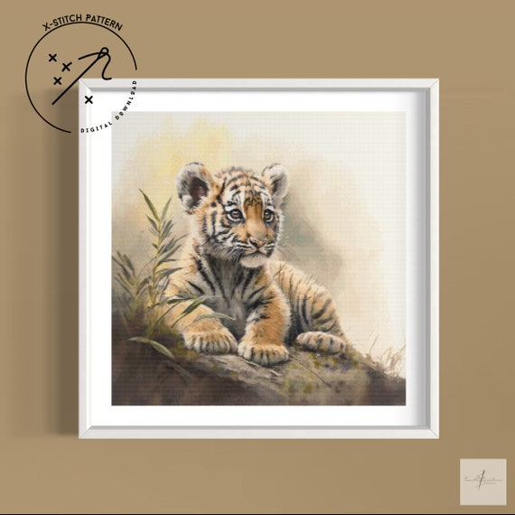 Tiger Cub Counted Cross Stitch Pattern, Full Cover, Downloadable DMC Cross Stitch Chart, Cute X-Stitch PDF Pattern