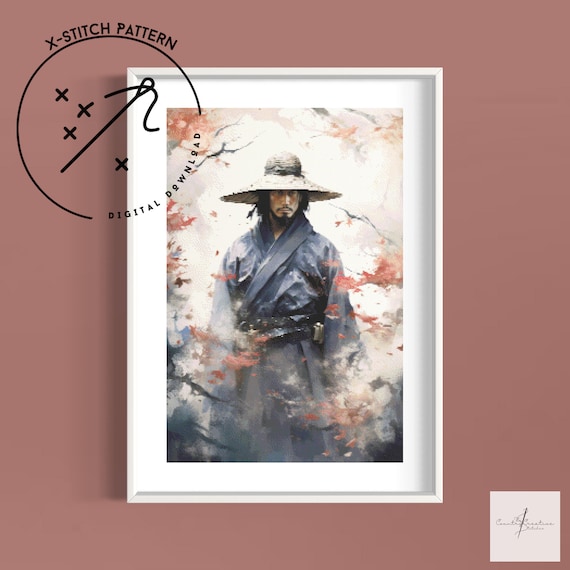 Samurai Counted Cross Stitch Pattern, Downloadable DMC Cross Stitch Chart, Fantasy X-Stitch Pattern, PDF, DMC