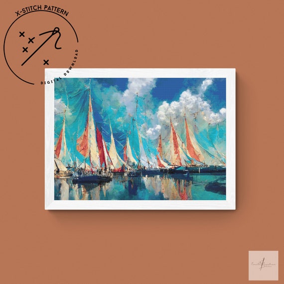 Turquoise Sailboats Counted Cross Stitch Pattern, Full Cover X Stitch, Downloadable Cross Stitch Chart, Intricate X-Stitch Pattern