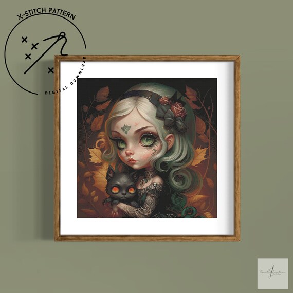 Autumn Witch Counted Cross Stitch Pattern, Full Cover X Stitch, Downloadable Cross Stitch Chart, Square X-Stitch Pattern, DMC, PDF
