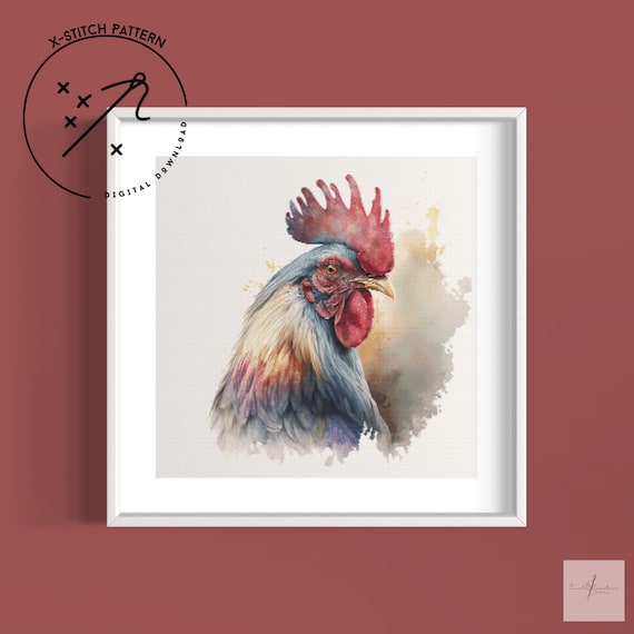 The Rooster Counted Cross Stitch Pattern, Watercolour Full Coverage Chart, Downloadable DMC Cross Stitch Chart, Cute X-Stitch PDF Pattern