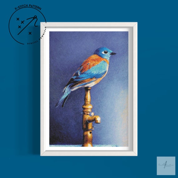 Blue Bird on a Tap, Counted Cross Stitch Pattern, Modern X Stitch, Downloadable Cross Stitch Chart, PDF, Full Cover Cross Stitch