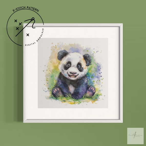 Baby Panda Counted Cross Stitch Pattern, Downloadable DMC Cross Stitch Chart, Watercolour X-Stitch Pattern, PDF, DMC