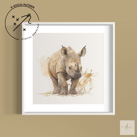 Baby Rhino Counted Cross Stitch Pattern, Watercolour Full Cover, Downloadable DMC Cross Stitch Chart, Cute X-Stitch PDF Pattern