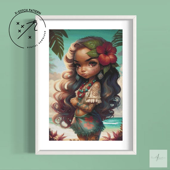 Hawaiian Girl Counted Cross Stitch Pattern, Full Cover X Stitch, Downloadable Cross Stitch Chart, Large X-Stitch Pattern, DMC, PDF