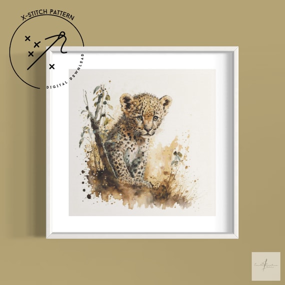 Leopard Cub Counted Cross Stitch Pattern, Watercolour Full Cover, Downloadable DMC Cross Stitch Chart, Cute X-Stitch PDF Pattern
