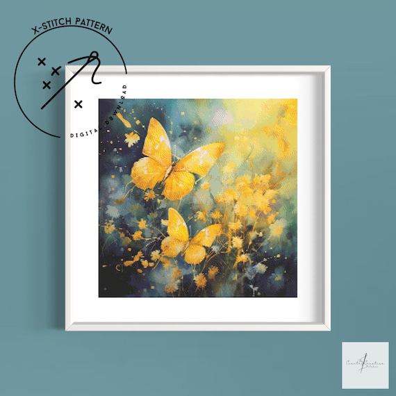 Yellow Butterflies Counted Cross Stitch Pattern, Downloadable DMC Cross Stitch Chart, Butterfly X-Stitch Pattern, PDF, DMC
