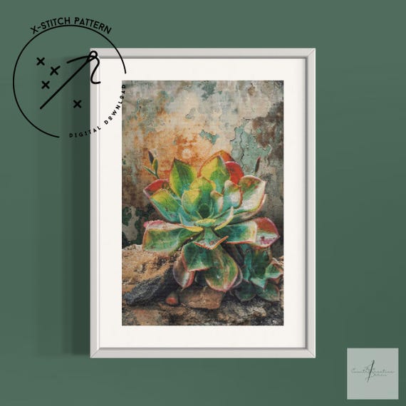 Echeveria Counted Cross Stitch Pattern, Downloadable DMC Cross Stitch Chart, Succulent X-Stitch Pattern, PDF, DMC