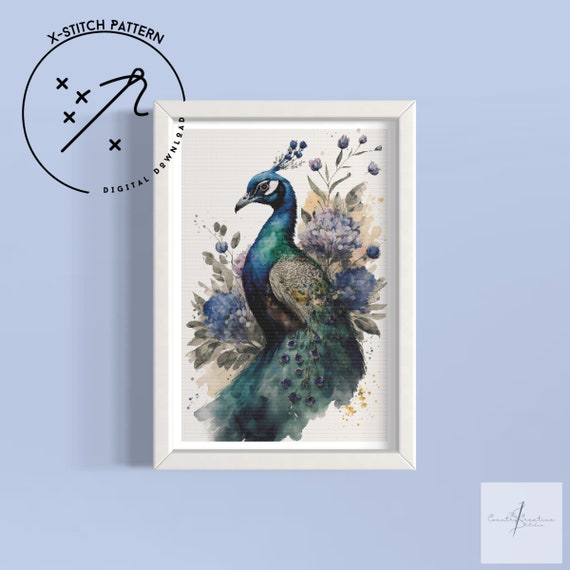 Watercolour Peacock, Counted Cross Stitch Pattern, Modern X Stitch, Downloadable Cross Stitch Chart, PDF, Large Full Cover Cross Stitch