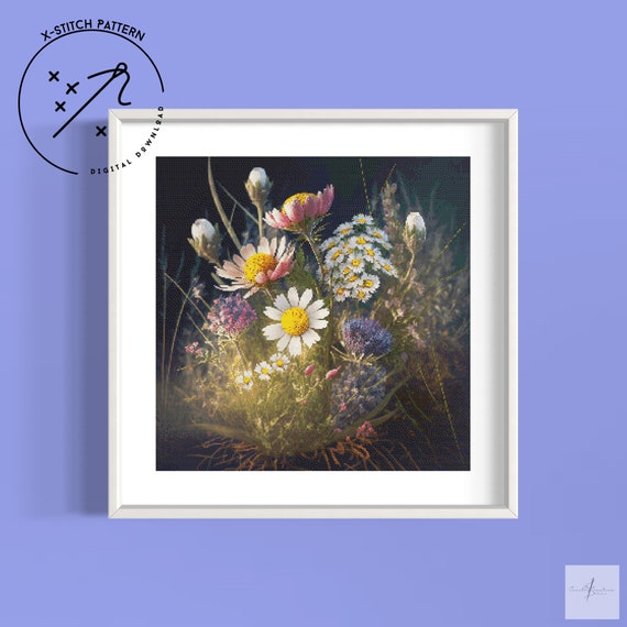 Meadow Flowers Counted Cross Stitch Pattern, Full Cover X Stitch, Downloadable Cross Stitch Chart, DMC, PDF