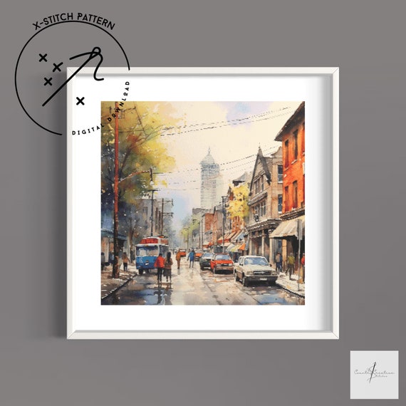 City Streets Counted Cross Stitch Pattern, Downloadable DMC Cross Stitch Chart, Watercolour X-Stitch Pattern, PDF, DMC