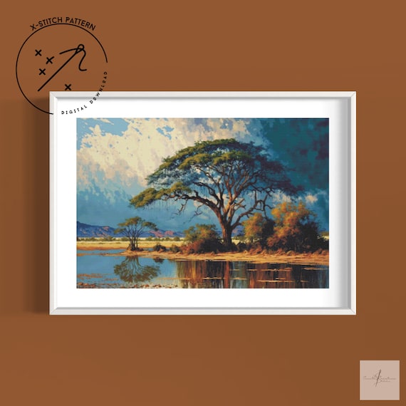 African Landscape Counted Cross Stitch Pattern, Full Cover X Stitch, Downloadable Cross Stitch Chart, DMC, PDF