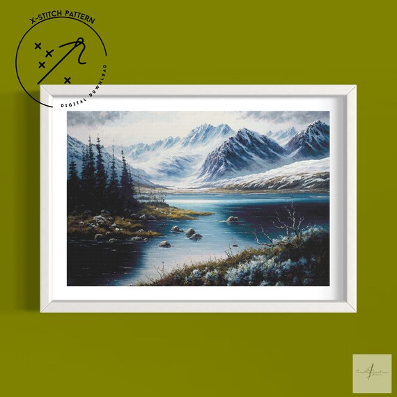 Snowy Lake Counted Cross Stitch Pattern, Full Cover X Stitch, Downloadable Cross Stitch Chart, Square X-Stitch Pattern, PDF, DMC