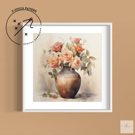 Roses Still Life Cross Stitch Pattern, Watercolour Full Cover X Stitch, Downloadable Cross Stitch Chart, PDF, DMC X-Stitch Pattern