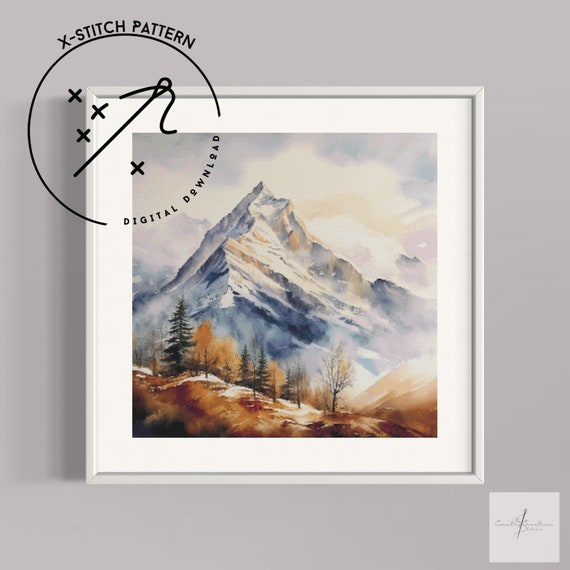 Watercolour Mountain Counted Cross Stitch Pattern, Downloadable DMC Cross Stitch Chart, Landscape X-Stitch Pattern, PDF, DMC