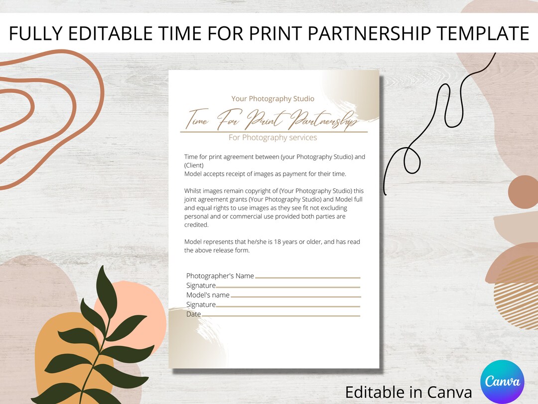Time for Print Partnership Contract, Photography Forms, Model Contract, Photography Templates