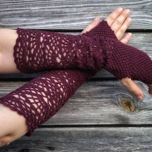 Crocheted, very long, romantic,  openwork, lacy, mittens, fingerless gloves, arm warmes, burgundy color, victorian style