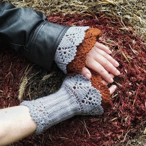 Crocheted, lacy, openwork, layered, two colored, wrist warmers, cuffs