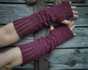 Crocheted wrist warmers, lacy mittens, openwork mittens, burgundy, crocheted mittens, victorian, arm warmers, simple design, wrist warmers