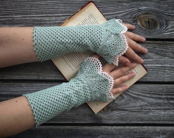 Minty chitchat - crocheted, lacy, openwork, wrist warmers, fingerless gloves, lacy cuffs, arm warmers, mittens, romantic, boho, cotton