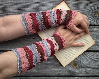 Crocheted, lacy, openwork, wrist warmers, fingerless gloves, lacy cuffs, cherry, chocolate, mittens, romantic, hippie, boho, unique addition