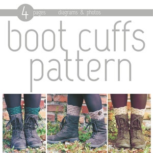 Könnte beinhalten: Ein Muster zum Häkeln von Stiefelmanschetten. Das Muster umfasst vier Seiten mit Diagrammen und Fotos. Das Bild zeigt drei Paar Stiefel mit verschiedenen gehäkelten Manschetten.
