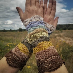 Crocheted, lacy, openwork, wrist warmers, fingerless gloves, arm warmers, mittens, romantic, meadow, fall color palette, earth tones