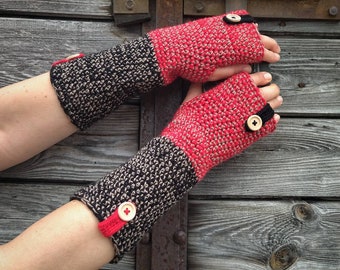 Crocheted, melange, red, black, chunky, mittens, fingerless gloves, arm warmers