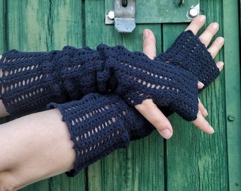 Crocheted wrist warmers, lacy mittens, openwork mittens, navy blue, crocheted mittens, victorian, arm warmers, simple design, wrist warmers