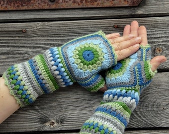 Crocheted green light blue mittens fingerless gloves arm warmers hippie boho style