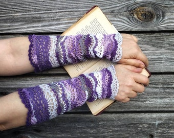 Crocheted, lacy, openwork, wrist warmers, fingerless gloves, lacy cuffs, shades of purple, mittens, romantic, hippie, boho, unique addition