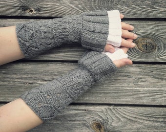 Hand knitted, layered, long, gray, white, mittens, fingerless gloves, arm warmers