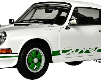 IXO Porsche 911 Carrera RS 2.7 1:8 Maqueta 520010116 Blanco/Verde – Maqueta de fundición a presión de alta calidad con luz y sonido, modelo de coleccionista Porsche Classic