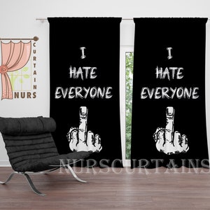 Middle Finger Sign Curtain, I Hate Everyone Text Curtain, Black and White Curtain, Teenage Room Blackout Curtain, Funny Curtain image 1