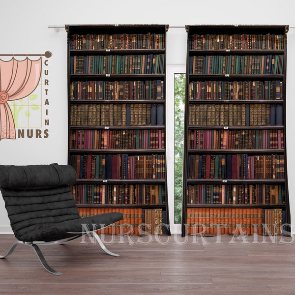 Library Curtain, Book Themed Curtain, Study Room Blackout Curtain, Retro Style Curtain, Book Case Curtain, Book Shelf Curtain, Office Decor