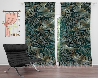 Monstera Blackout Curtain Green – Gold Leaf Tropical Palm Luxury Room Plant Decor