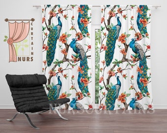 Blue Color Peacock Pattern Curtain, Floral Themed Living Room Curtain, Blackout Curtain, Contemporary Decor, Gift for Her