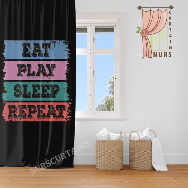 Eat Sleep Game Repeat Curtain, Black Curtain for Gamer Room, Game Room Blackout Curtain, Gaming Curtain, Gamer Gift