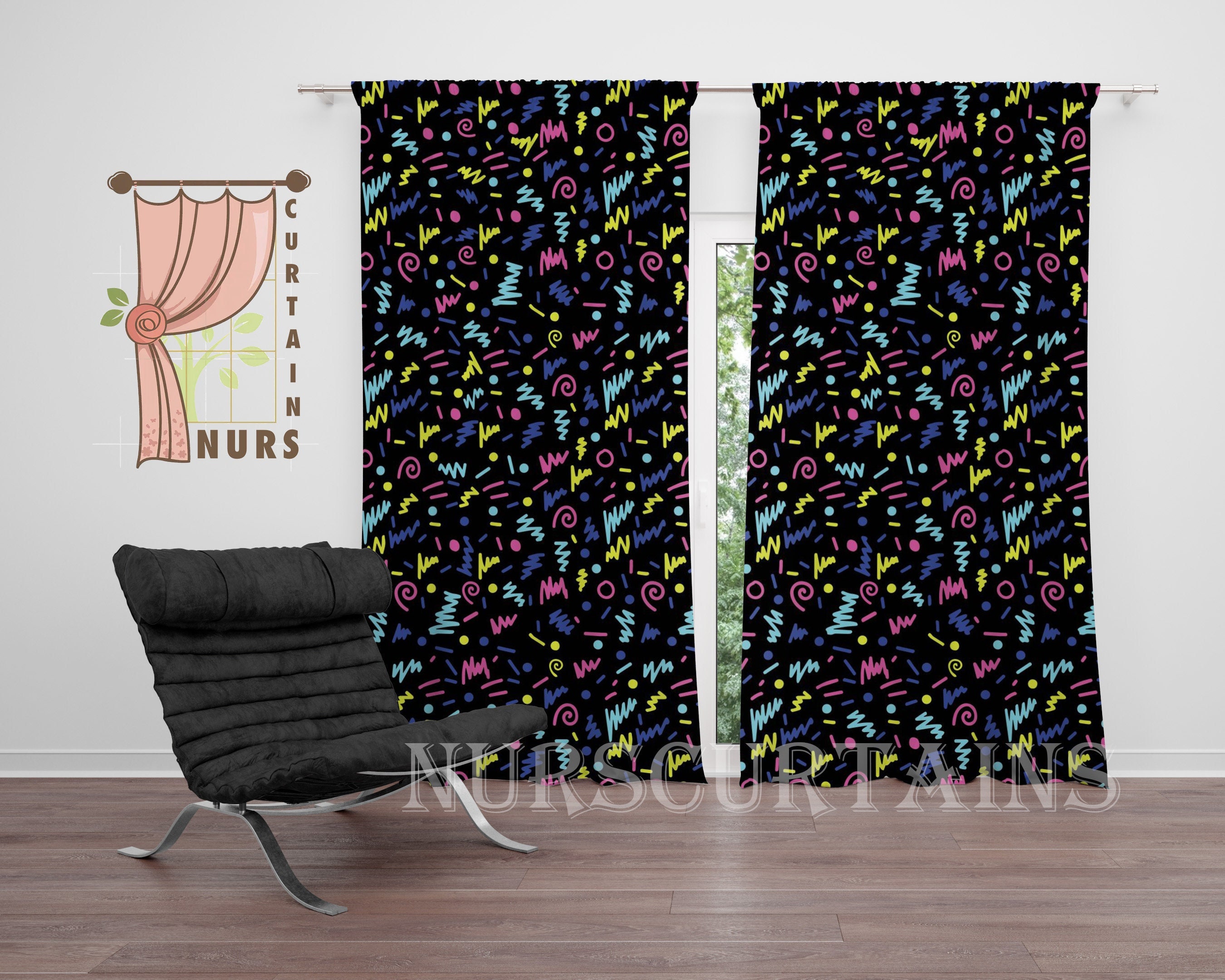 ◉希少60s・mods【SHOTGUN EXPRESS・CURTAINS】 90s Retro Nostalgic Colorful Gamer Room Curtain, Arcade