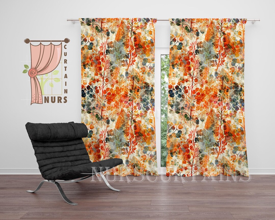 Abstract Autumn Leaf Blackout Curtain – Orange Floral Drape, Living ...