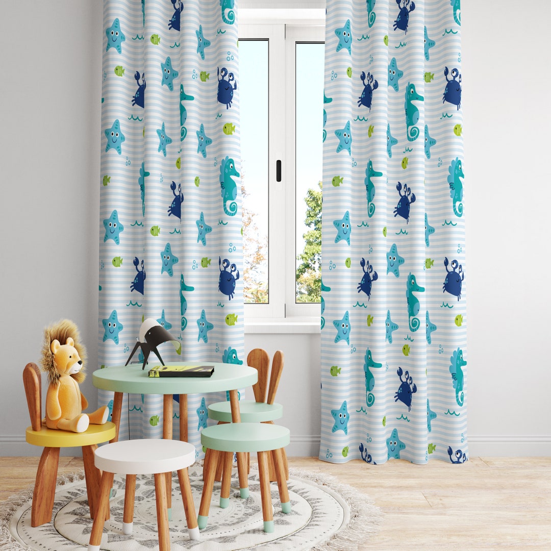 Watercolor Sea Animals Themed Cute Baby Room Curtain, Nursery Curtains ...